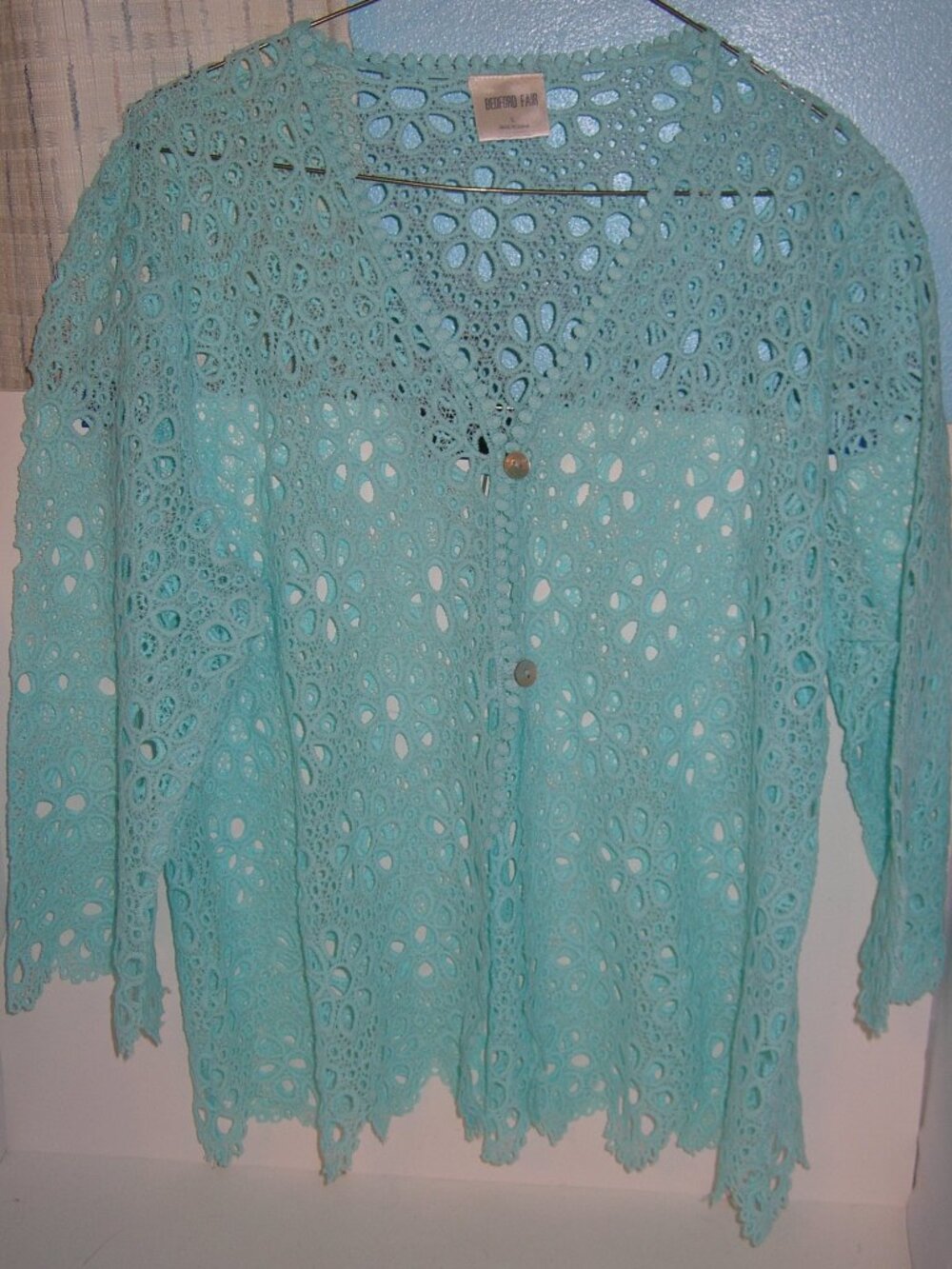 Womens Bedford Fair Turquoise Lace Cardigan Button Front 3/4 Sleeve Large New 76